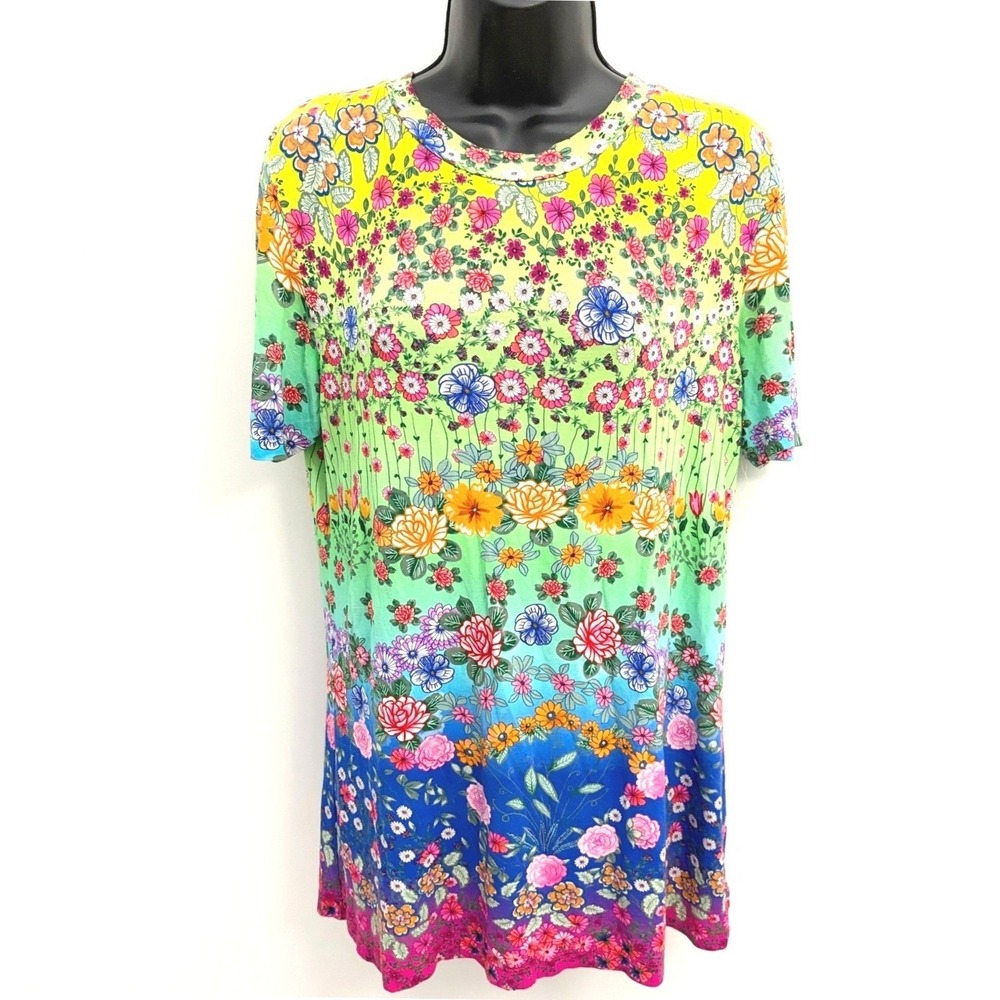 Johnny Was Top Floral Bamboo Blend Short Sleeve Multi-Color Size L